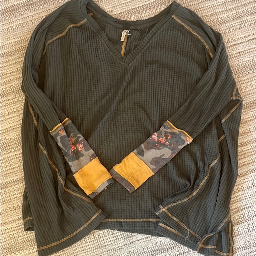 Free People Olive Green and Mustard Long Sleeve Top
